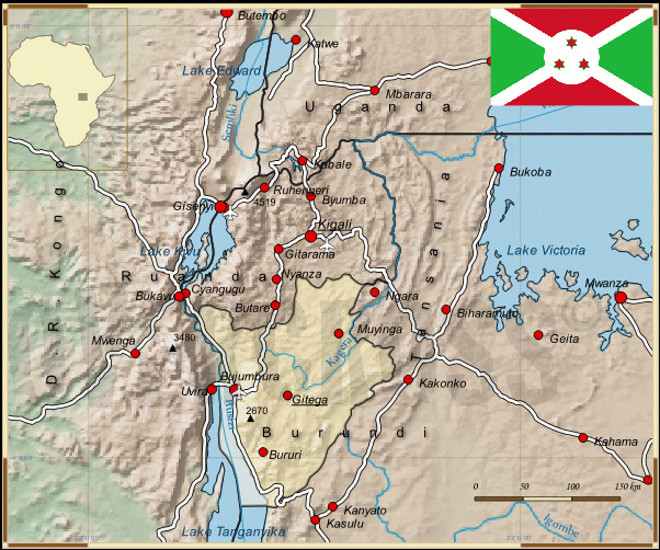 Reisekarte von Burundi des Reiseveranstalters Overcross, für Vergrösserung bitte klicken Reisekarte von Burundi des Reiseveranstalters Overcross