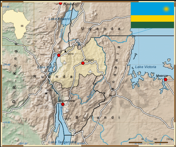 Reisekarte von Ruanda des Reiseveranstalters Overcross, für Vergrösserung bitte klicken Reisekarte von Ruanda des Reiseveranstalters Overcross