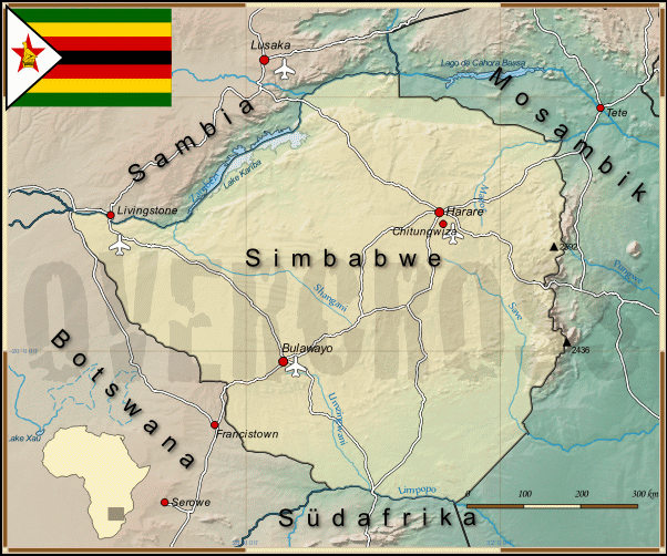 Reisekarte von Simbabwe des Reiseveranstalters Overcross, für Vergrösserung bitte klicken Reisekarte von Simbabwe des Reiseveranstalters Overcross