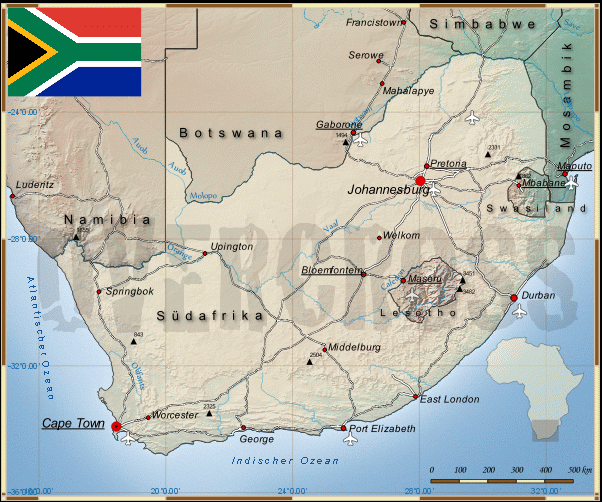 Reisekarte Südafrika des Reiseveranstalters Overcross, für eine Vergrößerung bitte klicken Reisekarte Südafrika des Reiseveranstalters Overcross