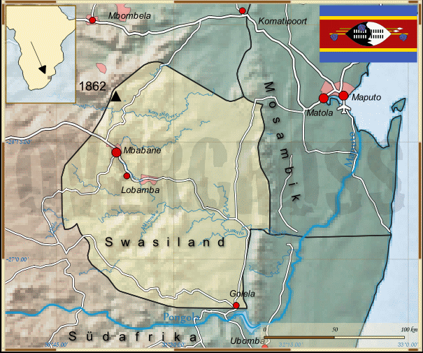 Reisekarte von Swasiland des Reiseveranstalters Overcross, für Vergrösserung bitte klicken Reisekarte von Swasiland des Reiseveranstalters Overcross