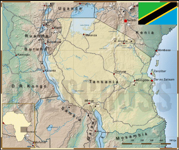 Reisekarte von Tansania des Reiseveranstalters OVERCROSS