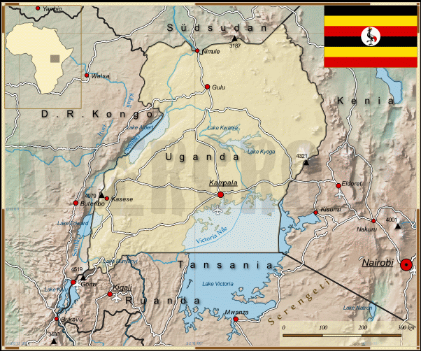 Reisekarte von Uganda des Reiseveranstalters Overcross, für Vergrösserung bitte klicken Reisekarte von Uganda des Reiseveranstalters Overcross