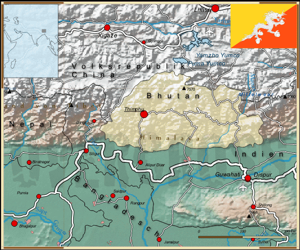 Reisekarte von Bhutan des Reiseveranstalters OVERCROSS
