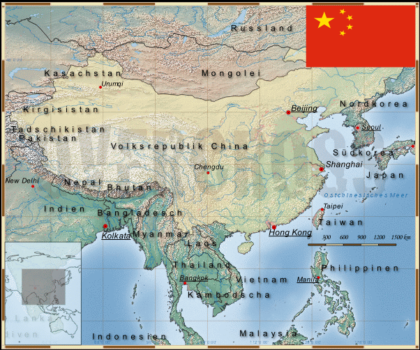 Reisekarte von China des Reiseveranstalters OVERCROSS, für Vergrösserung bitte klicken Reisekarte von China des Reiseveranstalters OVERCROSS