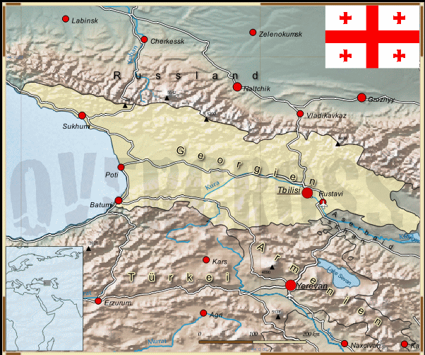 Reisekarte von Georgien des Reiseveranstalters OVERCROSS, für Vergrösserung bitte klicken Reisekarte von Georgien des Reiseveranstalters OVERCROSS