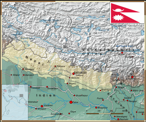 Reisekarte von Nepal des Reiseveranstalters OVERCROSS, für Vergrösserung bitte klicken Reisekarte von Nepal des Reiseveranstalters OVERCROSS