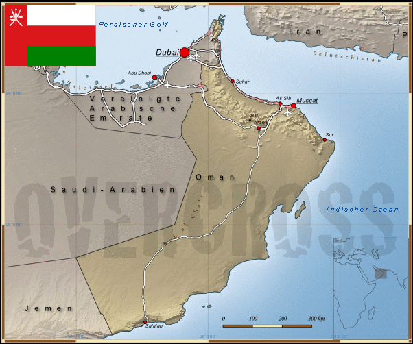 Reisekarte von Oman des Reiseveranstalters OVERCROSS, für Vergrösserung bitte klicken Reisekarte von Oman des Reiseveranstalters OVERCROSS
