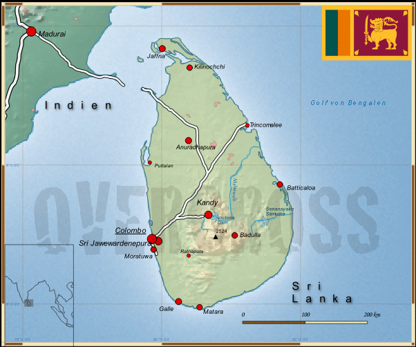 Reisekarte von Sri Lanka des Reiseveranstalters OVERCROSS, für Vergrösserung bitte klicken Reisekarte von Sri Lanka des Reiseveranstalters OVERCROSS