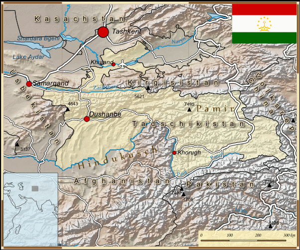 Reisekarte von Tadschikistan des Reiseveranstalters OVERCROSS, für Vergrösserung bitte klicken Reisekarte von Tadschikistan des Reiseveranstalters OVERCROSS