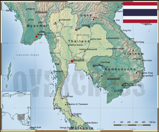 Reisekarte von Thailand des Reiseveranstalters OVERCROSS, für Vergrösserung bitte klicken Reisekarte von Thailand des Reiseveranstalters OVERCROSS