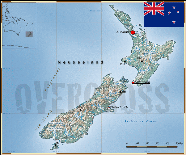 Reisekarte von Neuseeland des Reiseveranstalters OVERCROSS