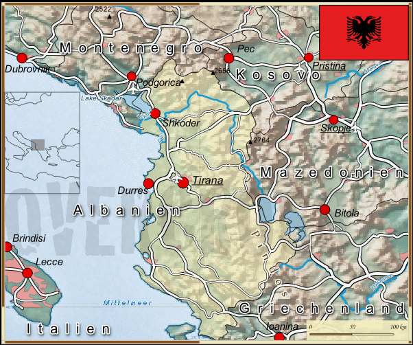 Reisekarte von Albanien des Reiseveranstalters OVERCROSS, für Vergrösserung bitte klicken Reisekarte von Albanien des Reiseveranstalters OVERCROSS