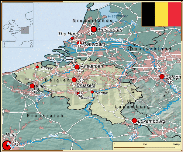 Reisekarte von Belgien des Reiseveranstalters OVERCROSS, für Vergrösserung bitte klicken Reisekarte von Belgien des Reiseveranstalters OVERCROSS