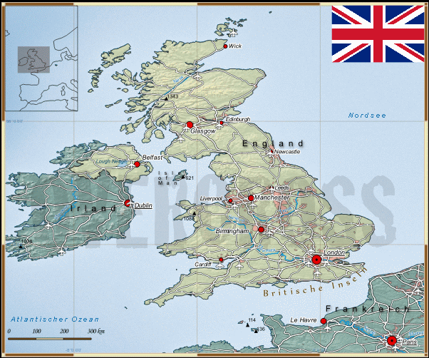 Reisekarte von Großbritannien des Reiseveranstalters OVERCROSS, für Vergrösserung bitte klicken Reisekarte von Großbritannien des Reiseveranstalters OVERCROSS
