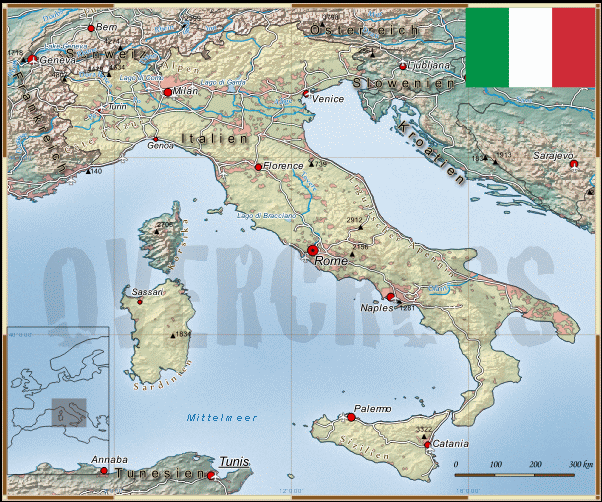 Reisekarte von Italien des Reiseveranstalters OVERCROSS, für Vergrösserung bitte klicken Reisekarte von Italien des Reiseveranstalters OVERCROSS