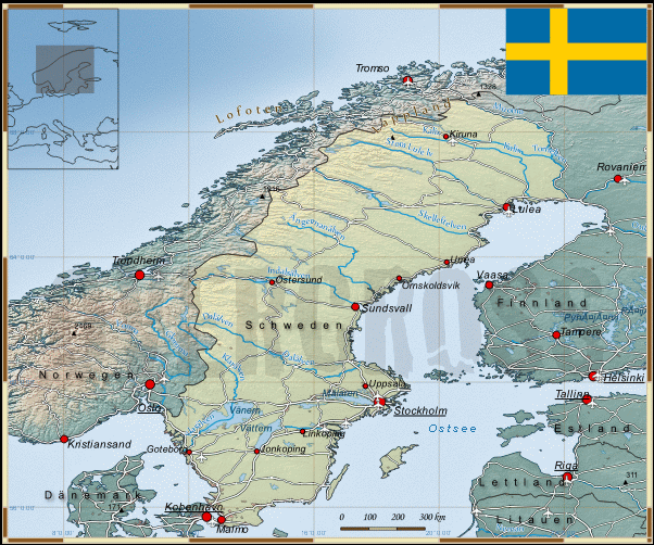 Reisekarte von Schweden des Reiseveranstalters OVERCROSS, für Vergrösserung bitte klicken Reisekarte von Schweden des Reiseveranstalters OVERCROSS