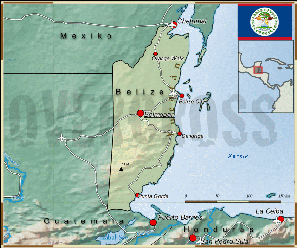 Reisekarte von Belize des Reiseveranstalters Overcross, für Vergrösserung bitte klicken Reisekarte von Belize des Reiseveranstalters Overcross