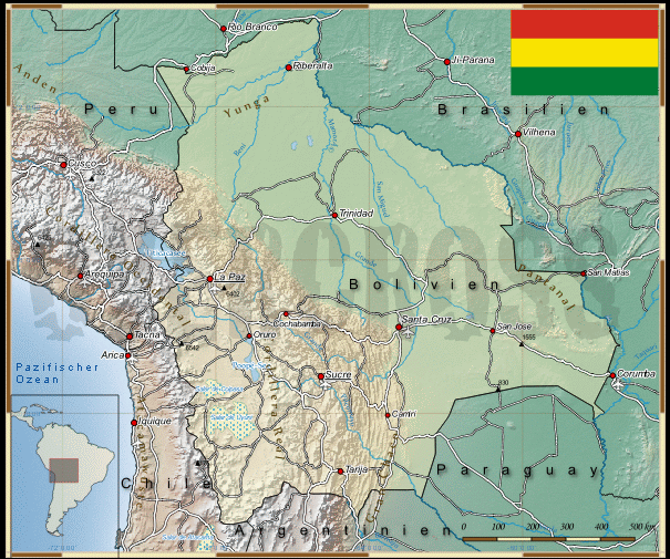 Reisekarte von Bolivien des Reiseveranstalters OVERCROSS, für Vergrösserung bitte klicken Reisekarte von Bolivien des Reiseveranstalters OVERCROSS