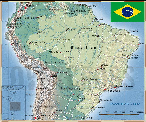 Reisekarte von Brasilien des Reiseveranstalters OVERCROSS, für Vergrösserung bitte klicken Reisekarte von Brasilien des
Reiseveranstalters OVERCROSS