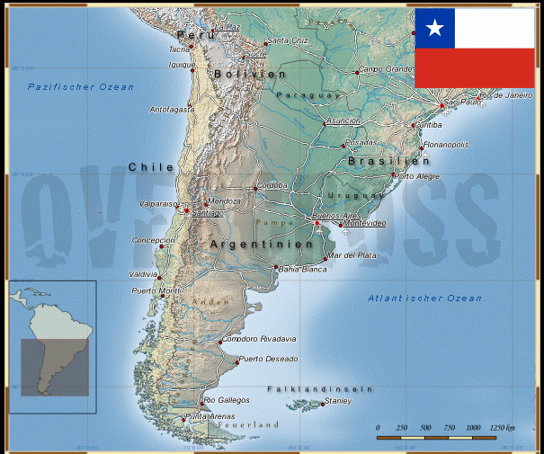 Reisekarte von Chile des Reiseveranstalters OVERCROSS, für Vergrösserung bitte klicken Reisekarte von Chile des Reiseveranstalters OVERCROSS