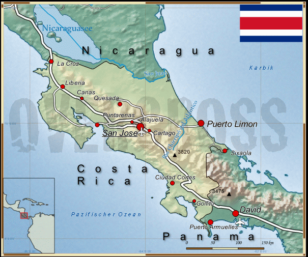 Reisekarte von Costa Rica des Reiseveranstalters OVERCROSS