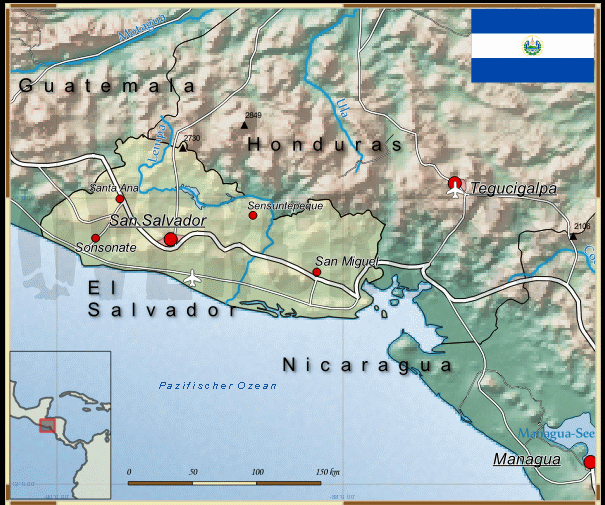 Reisekarte von El Salvador des Reiseveranstalters OVERCROSS, für Vergrösserung bitte klicken Reisekarte von El Salvador des Reiseveranstalters OVERCROSS