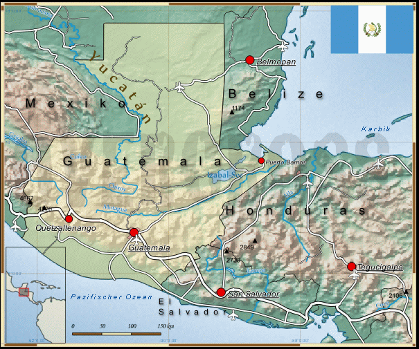 Reisekarte von Guatemala des Reiseveranstalters OVERCROSS, für Vergrösserung bitte klicken Reisekarte von Guatemala des Reiseveranstalters OVERCROSS