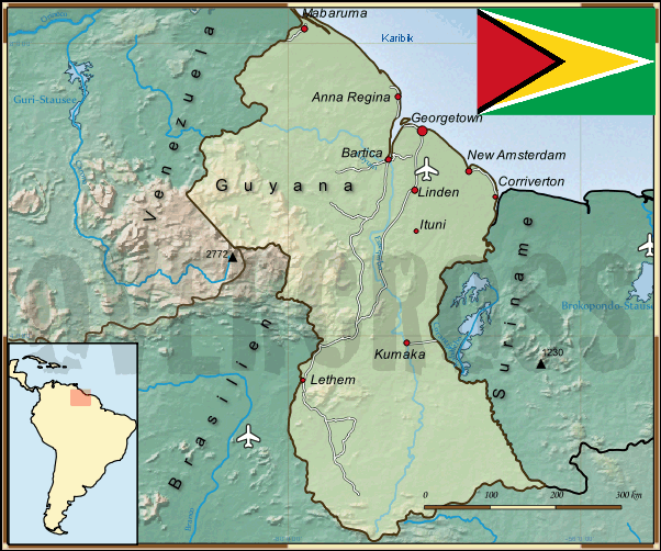 Landkarte von Guyana des Reiseveranstalters Overcross, für Vergrößerung bitte klicken Landkarte von Guyana des Reiseveranstalters Overcross