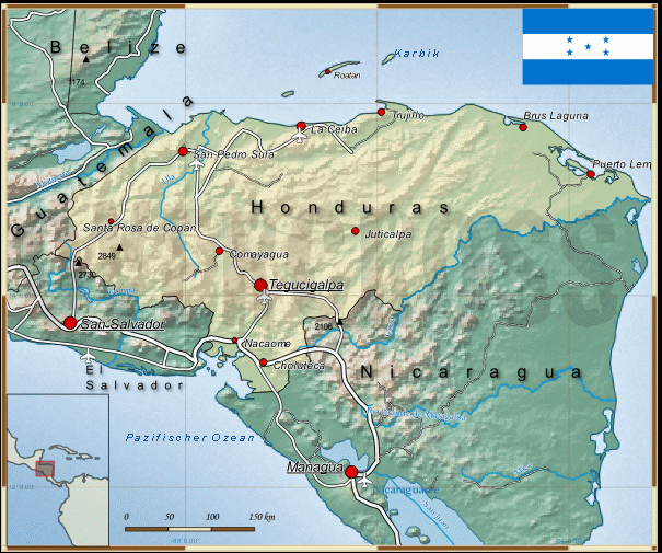 Reisekarte von Honduras des Reiseveranstalters OVERCROSS, für Vergrösserung bitte klicken Reisekarte von Honduras des Reiseveranstalters OVERCROSS