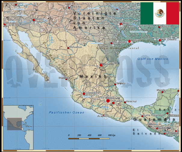 Reisekarte von Mexico des Reiseveranstalters OVERCROSS, für Vergrösserung bitte klicken Reisekarte von Mexico des Reiseveranstalters OVERCROSS