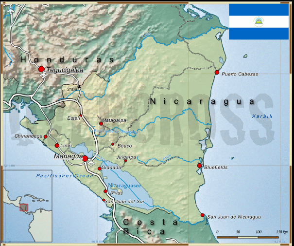 Reisekarte von Nicaragua des Reiseveranstalters OVERCROSS, für Vergrösserung bitte klicken Reisekarte von Nicaragua des Reiseveranstalters OVERCROSS
