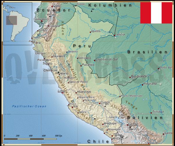 Reisekarte von Peru des Reiseveranstalters OVERCROSS, für Vergrösserung bitte klicken Reisekarte von Peru des Reiseveranstalters OVERCROSS