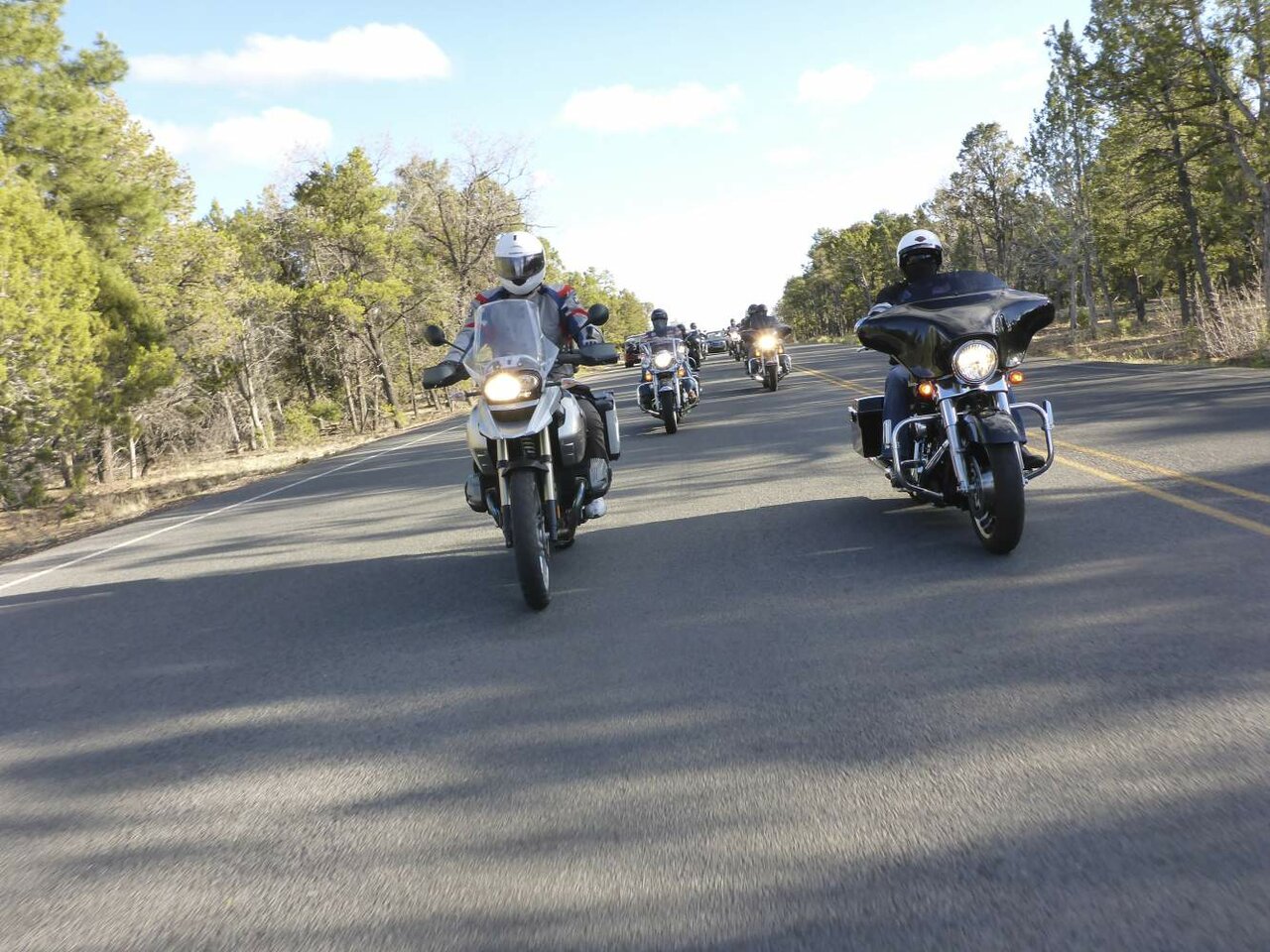 Gruppe von Motorradfahrern fährt auf einer baumgesäumten Bergstraße unter bewölktem Himmel