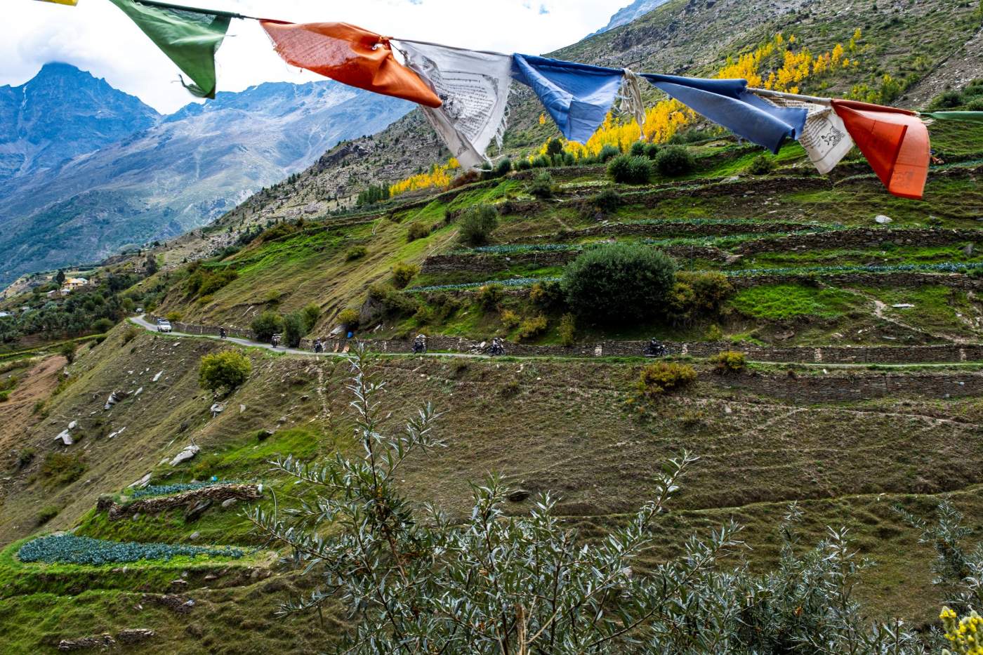 Gebetsflaggen flattern im Wind und wir fahren auf schönen Bergstraßen durch Nordindiens atemberaubende Landschaft.
