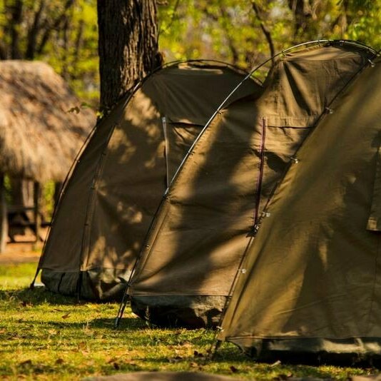 Filas de tiendas de campaña iglú color caqui montadas bajo los árboles junto a un refugio con techo de paja